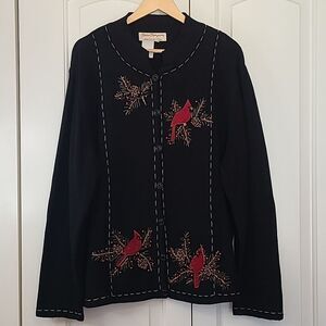 Norm Thompson Black Cotton Blend CARDINAL BIRD Beaded Novelty Sweater Women's 2X